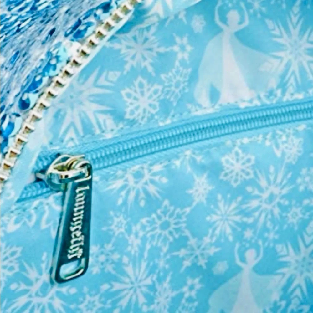 Loungefly Disney Frozen Elsa Reversible Sequin Backpack in Blue  and Silver - Picture 15 of 15